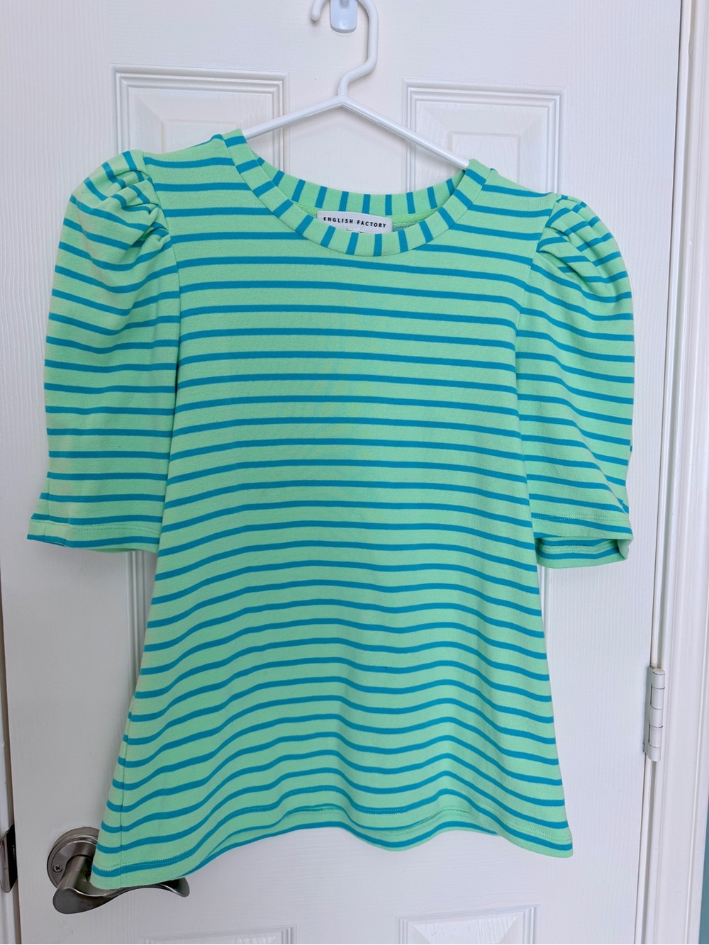 English Factory Mint & Teal Striped Puff-Sleeve Top